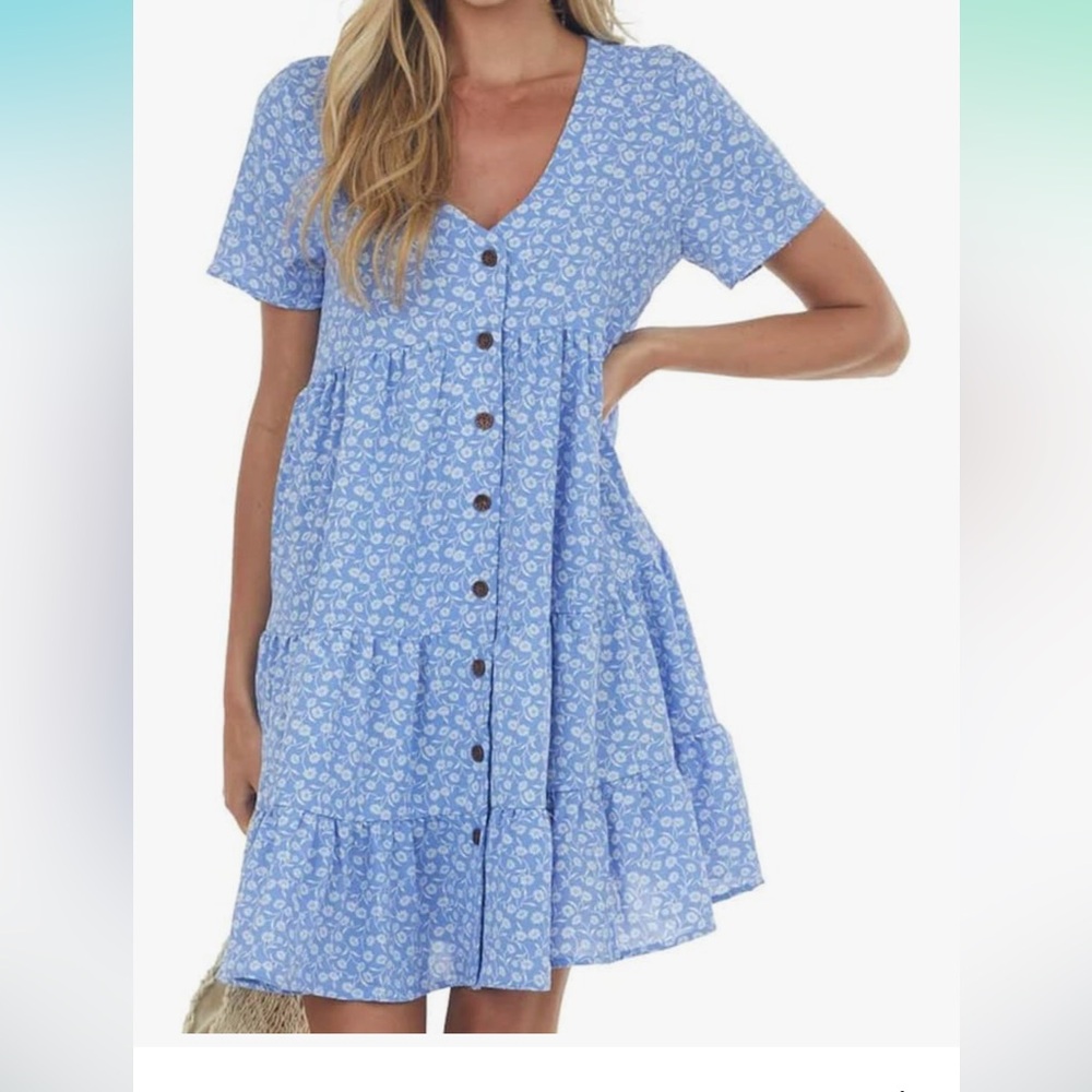 Elegant Blue Floral V-Neck Mini Dress